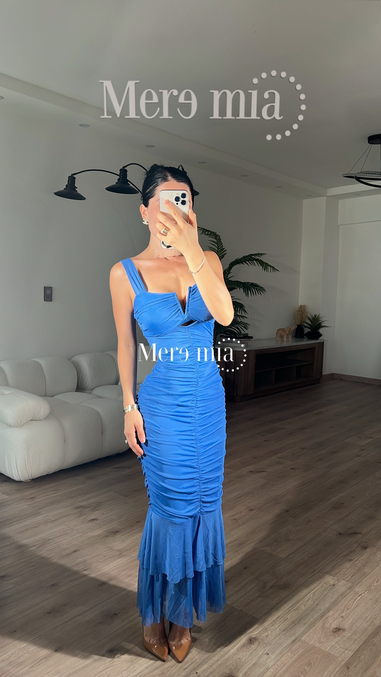 Vestido azul plisado largo