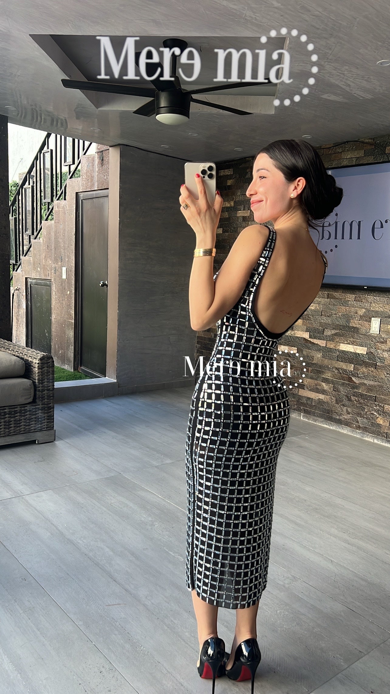 Vestido negro apl cuadros plata