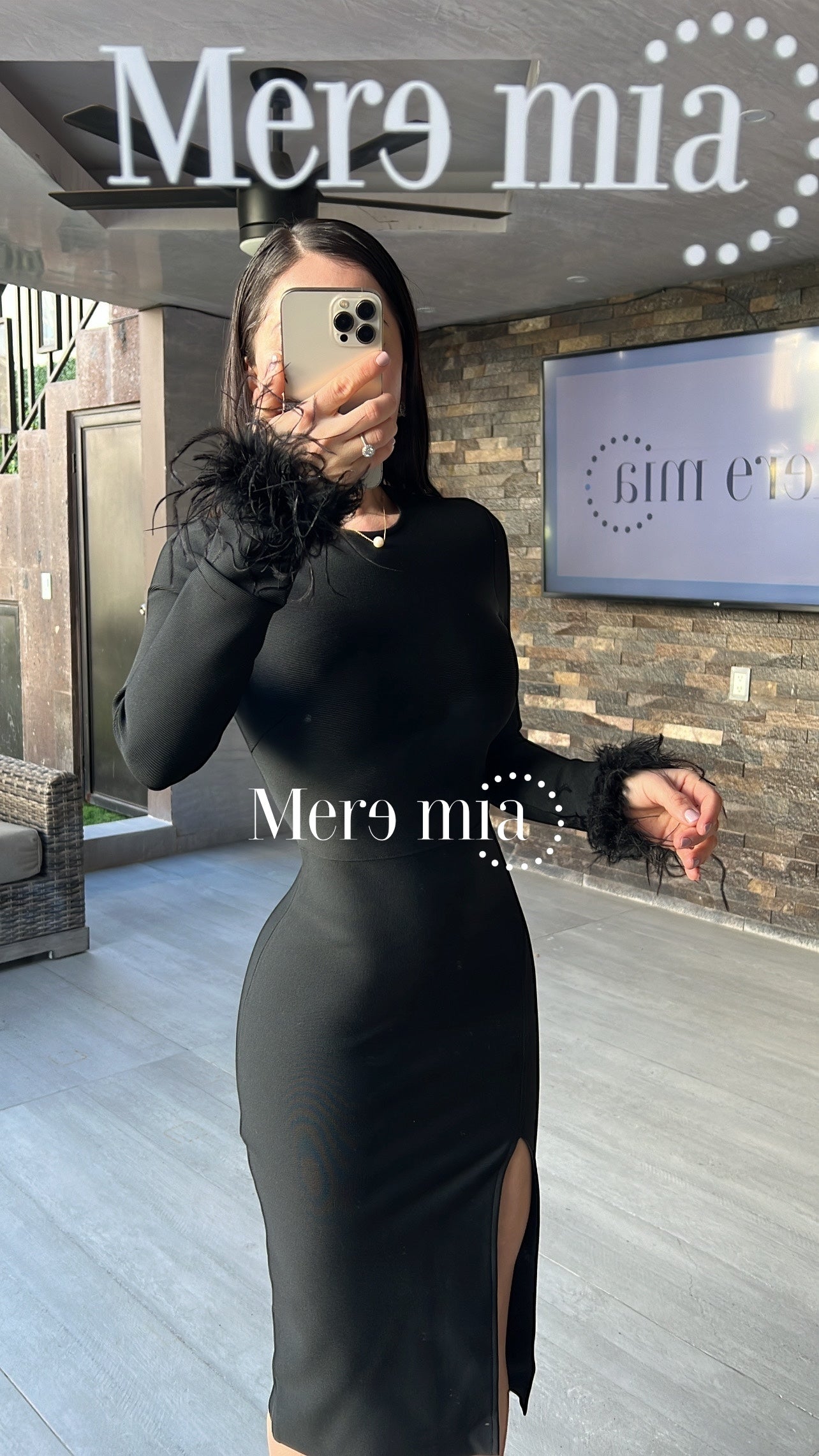 Vestido negro plumas mangas